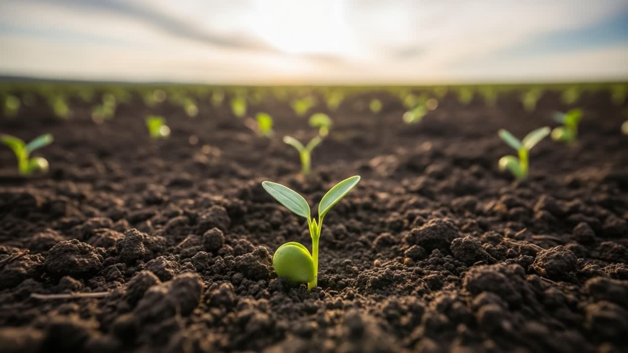 Close-up of a Young Plant Sprout in a Field at Sunset