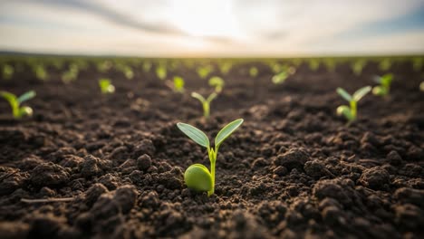 close-up of a young plant sprout in a field at sunset