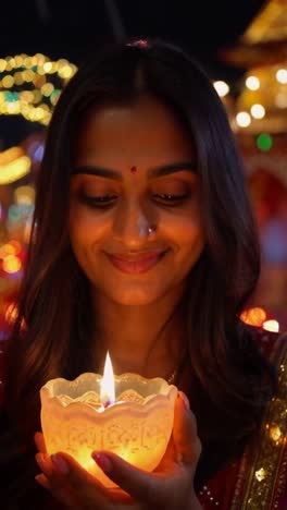 an indian woman is holding a candle in her hand, diwali tradition.