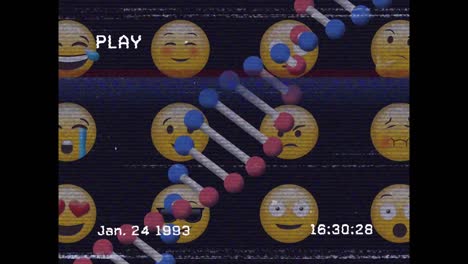 VHS-Glitch-Effekt-über-Sich-Drehender-DNA-Struktur-Und-Mehreren-Gesichts-Emojis-Auf-Schwarzem-Hintergrund