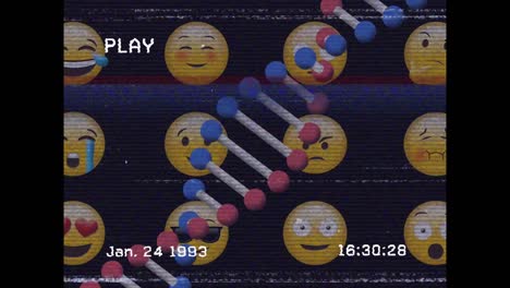 Vhs-glitch-effect-over-dna-strurture-spinning-and-multiple-face-emojis-on-black-background