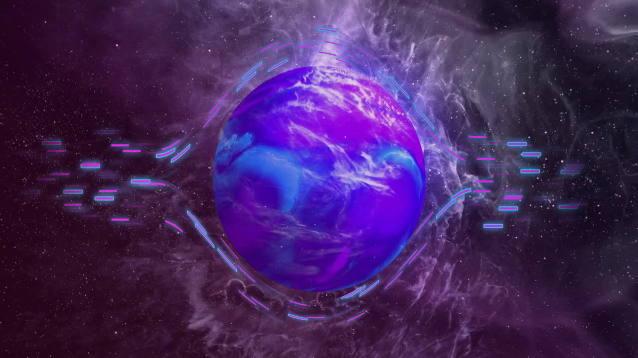 Animation of colourful shapes over planet on sky with stars