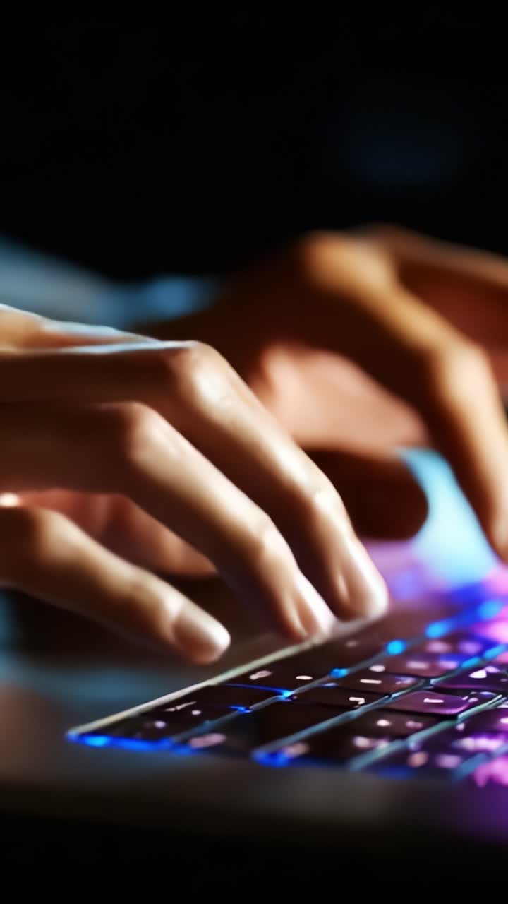 Close-Up of a Person's Hands Typing on a Laptop Keyboard Illuminated by Colorful Backlighting in a Dimly Lit Environment