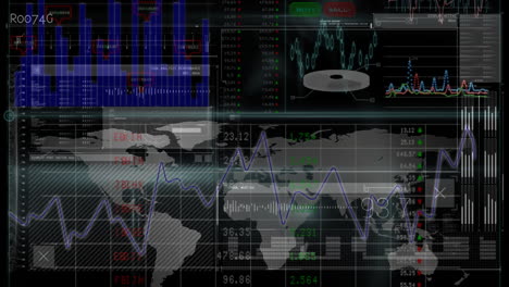 Animation-of-data-processing-and-diagrams-over-world-map