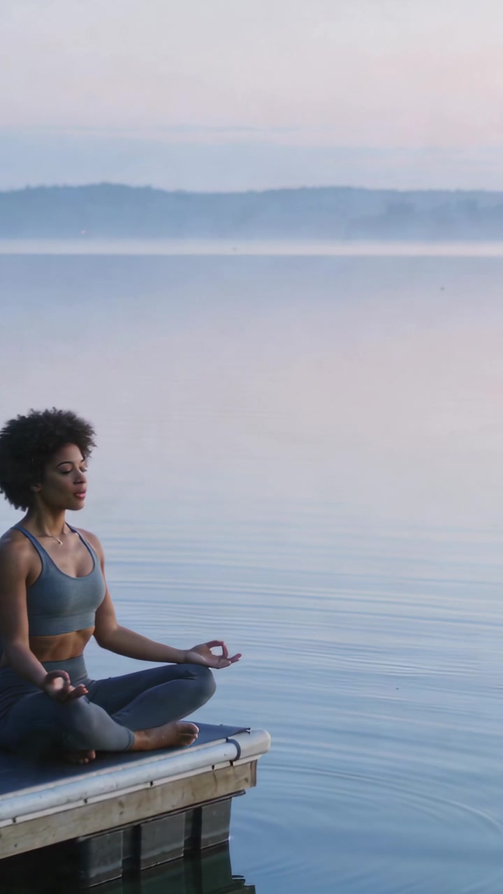 Vertical video: Sitting woman in grey activewear meditating on dock with yoga mat, copy space