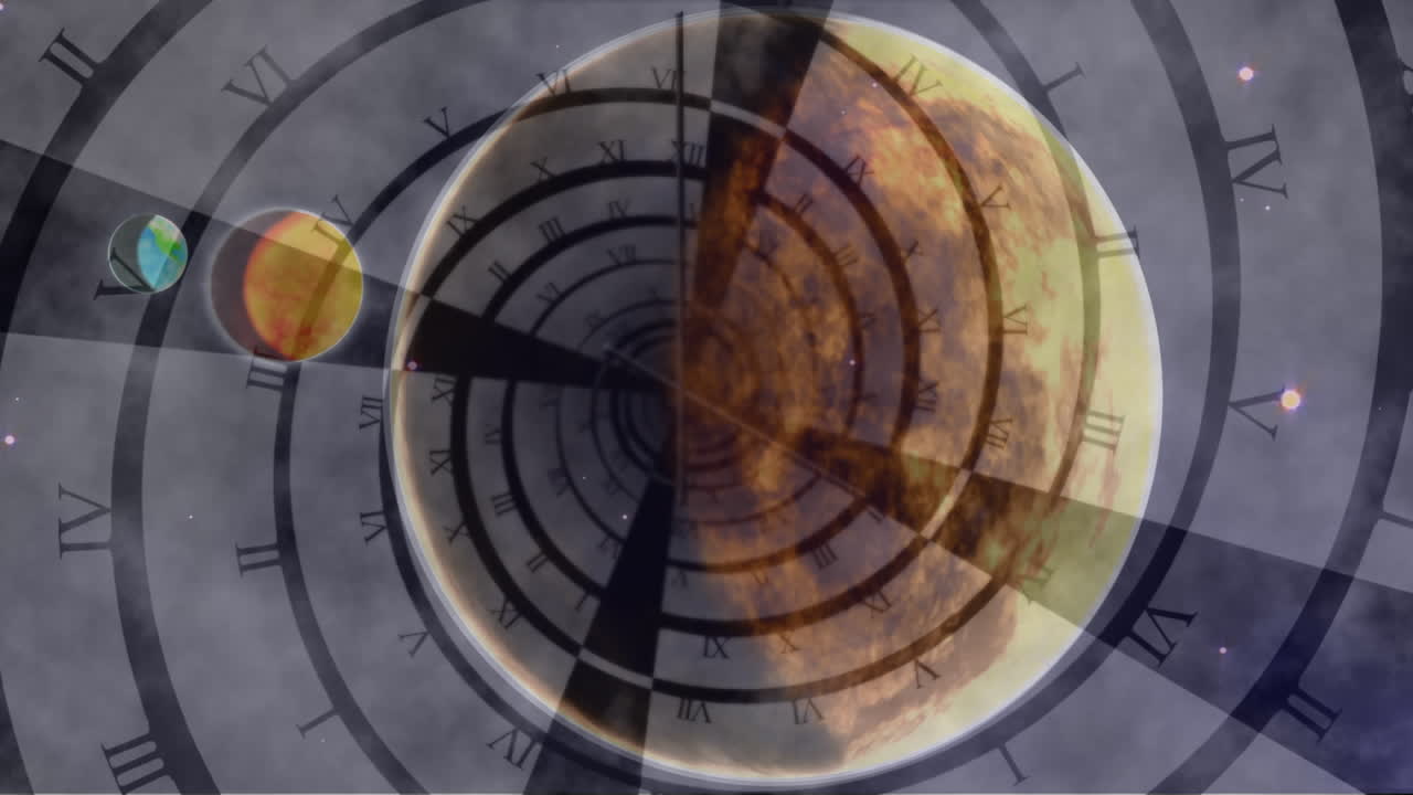 태양계, 행성 및 공간의 애니메이션 시계 티킹