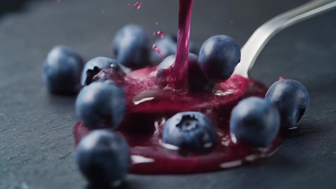 Salsa ai mirtilli che cola su mirtilli freschi su un cucchiaio