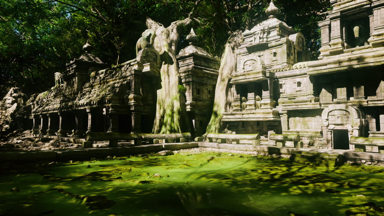 Ancient temple ruins in cambodia surrounded by lush vegetation and water