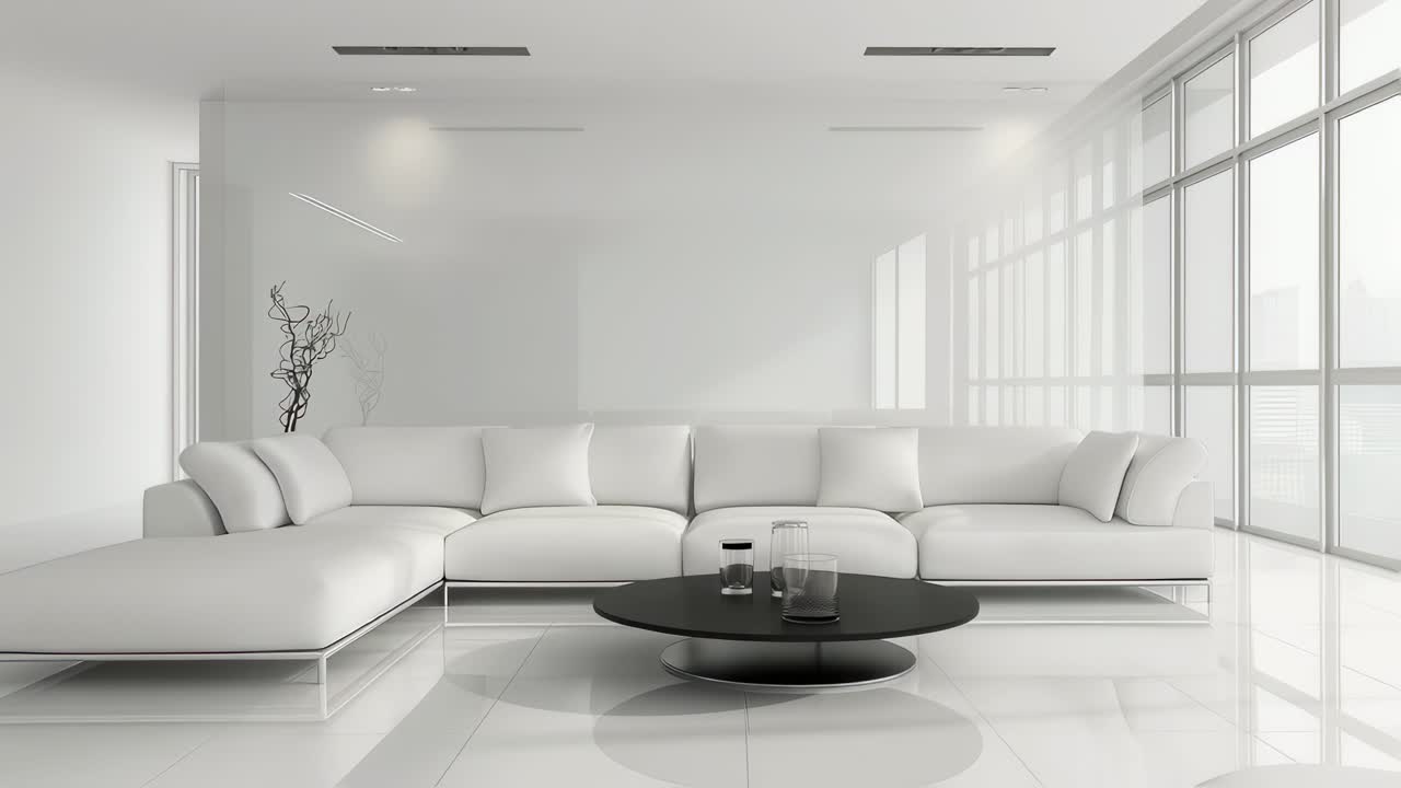 Modern White Living Room with City View