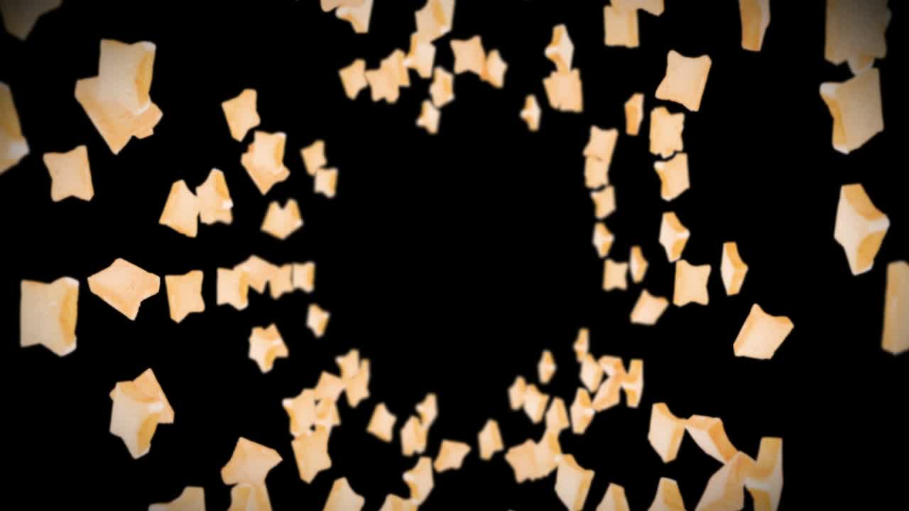 검은색 바탕에 많은 평평한  조각을 날아. 식품, 음식 및 먹는 개념. 밀 조각의 3d 애니메이션 회전. 루프 애니메이션.