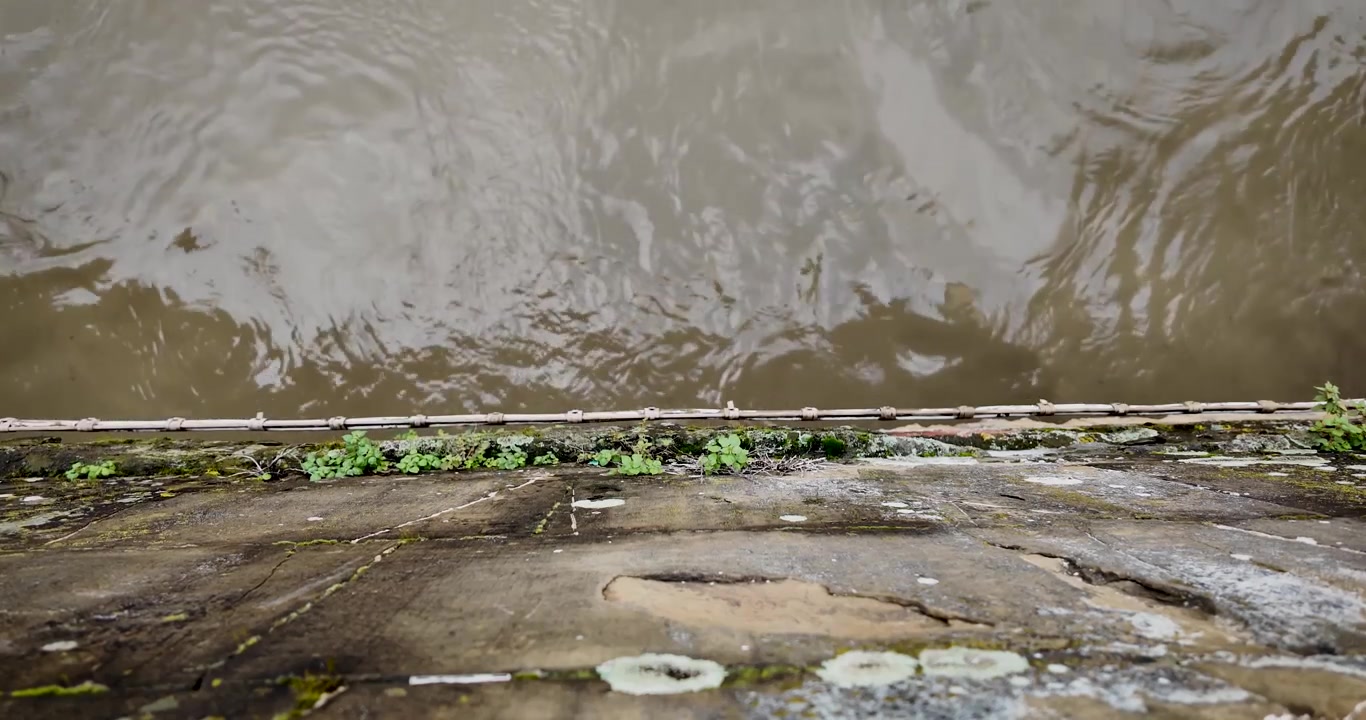 Cinematic top-down slow motion of water flowing beneath Ponte Vecchio in Florence, Italy, highlighting current patterns, reflections, and the historic bridge structure.