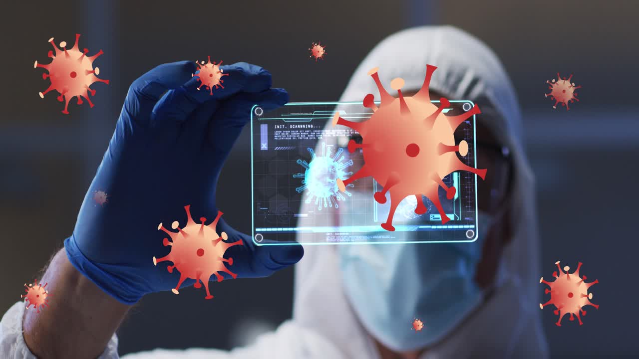 Animation of orange virus cells over caucasian male lab worker in safety clothes with digital card