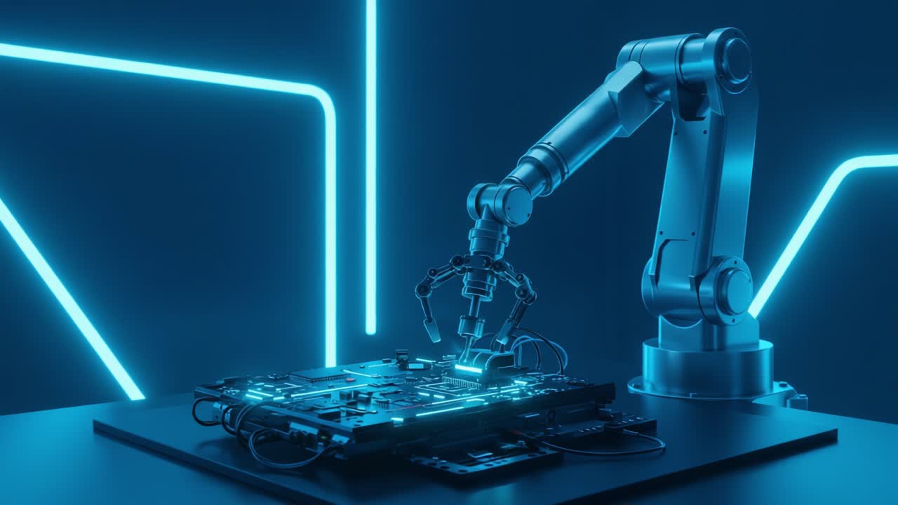 A futuristic robotic arm meticulously engages with a high-tech circuit board, illuminated by striking neon blue lights that enhance its intricate design and modernity
