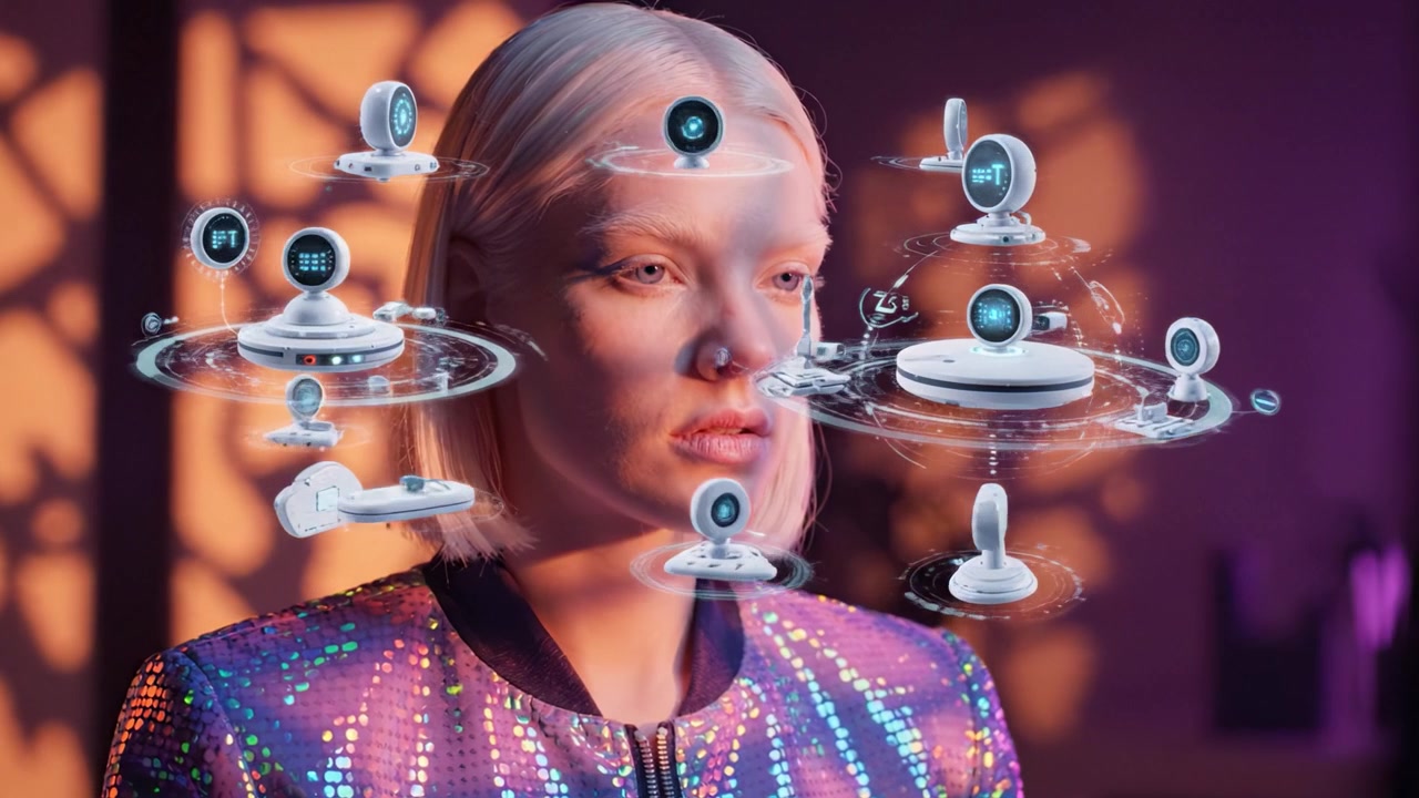 A futuristic portrait showcasing a chic model with vibrant holographic effects and advanced technology elements, seamlessly blending style and innovation.