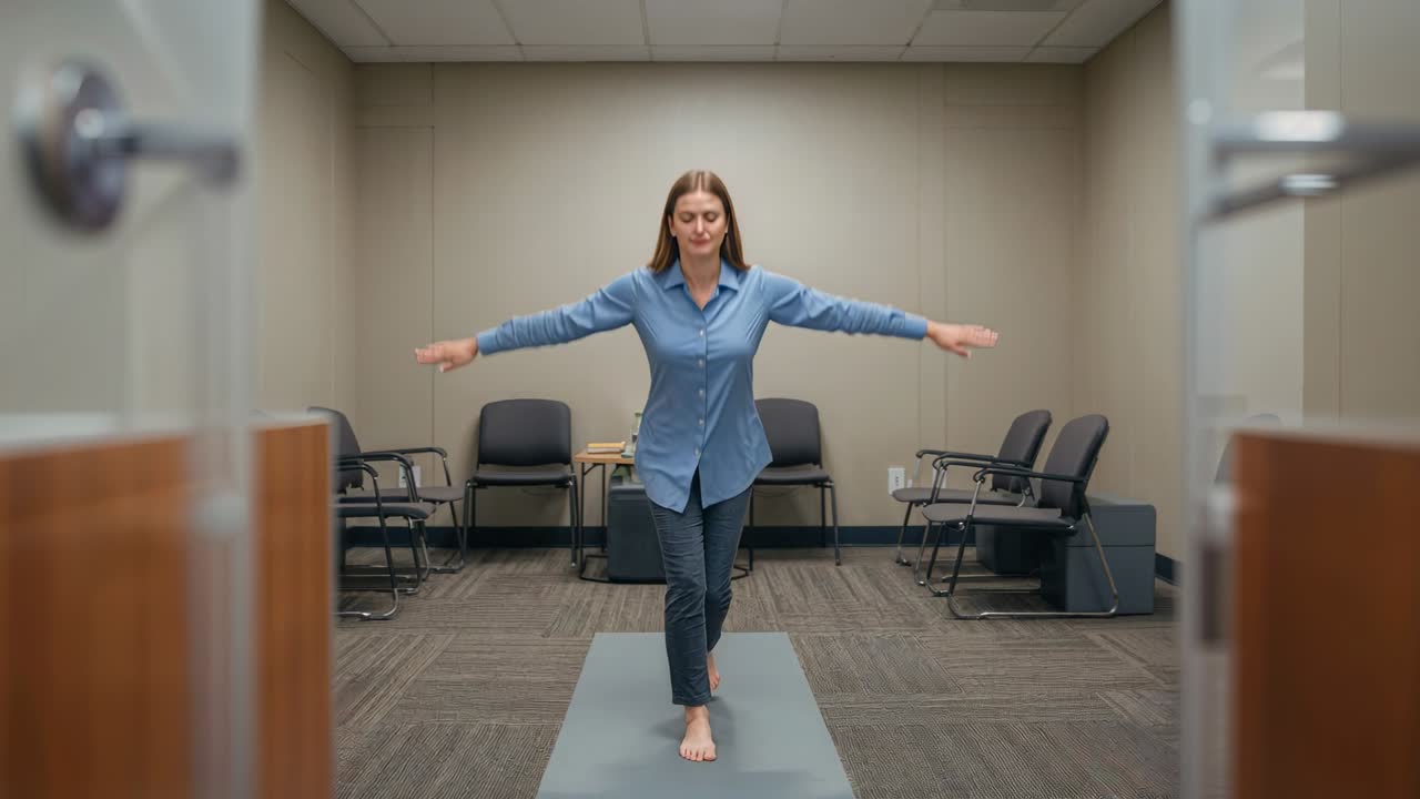 Fazendo uma pausa, mulher adulta se equilibrando na soleira da porta, deslocando o peso e esticando os braços, reajustando o foco