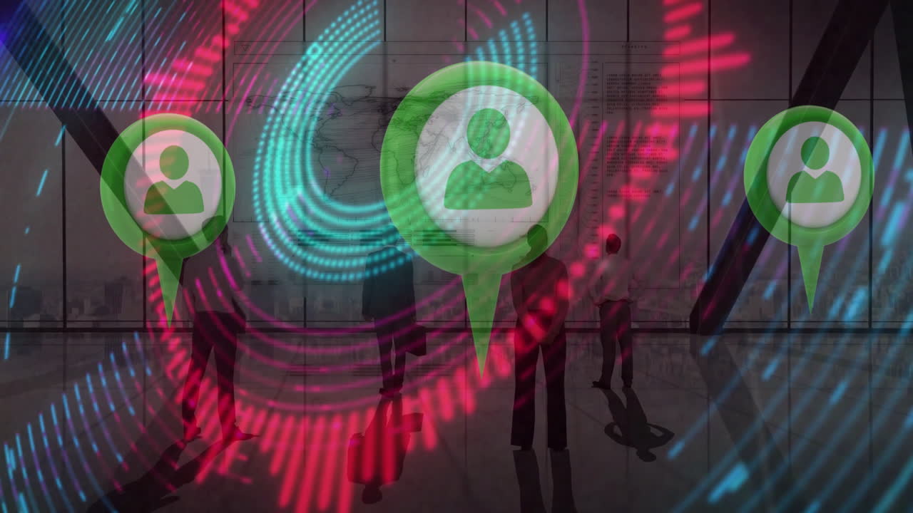 People observing digital animation and abstract patterns in modern space