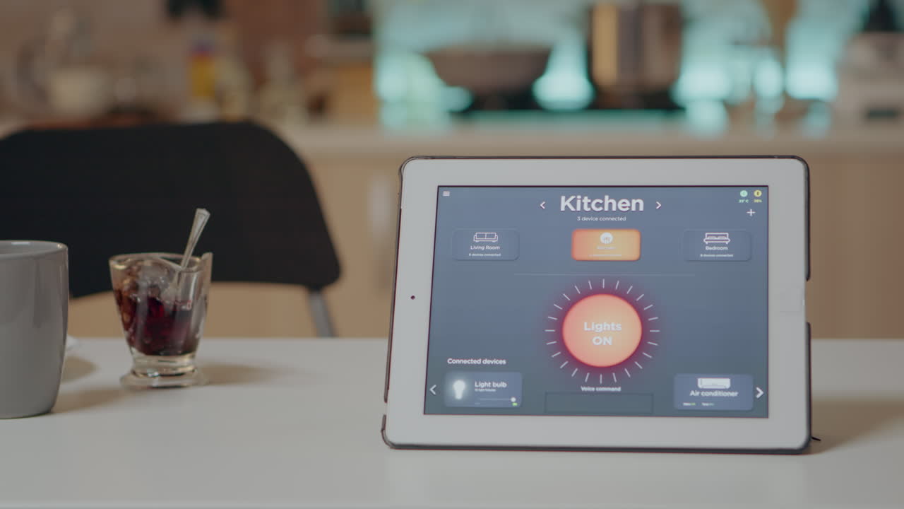 Close up of tablet with wireless lighting automation software placed on table
