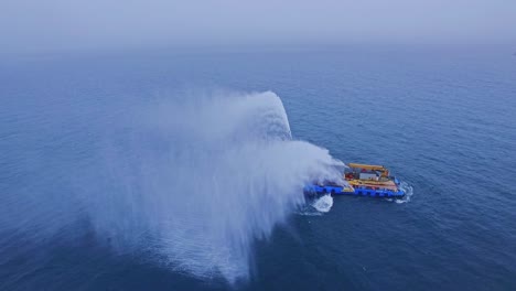 Blue-tug-boat-with-white-superstructure-underway,-side-view