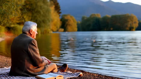 elderly man reading by a tranquil lake at sunset