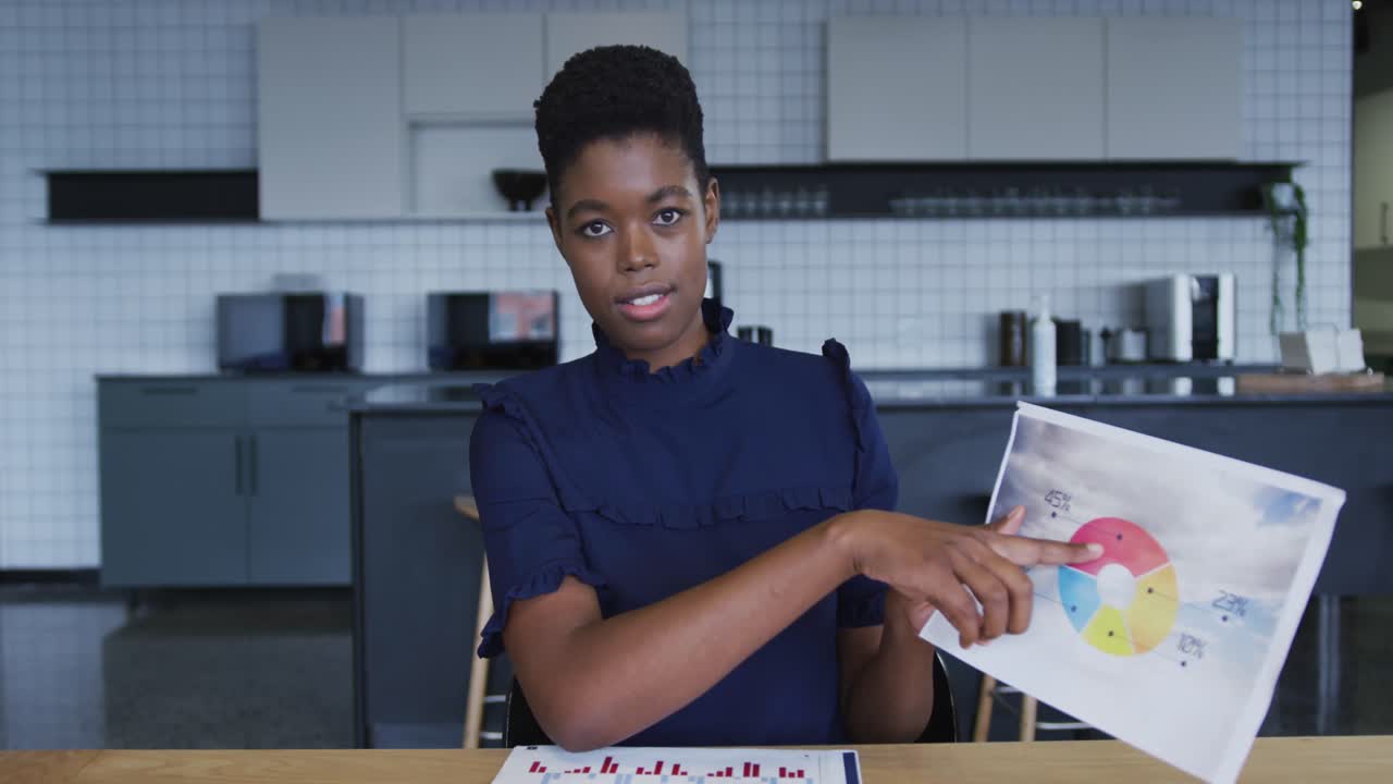 African american businesswoman having video chat going through paperwork in workplace kitchen