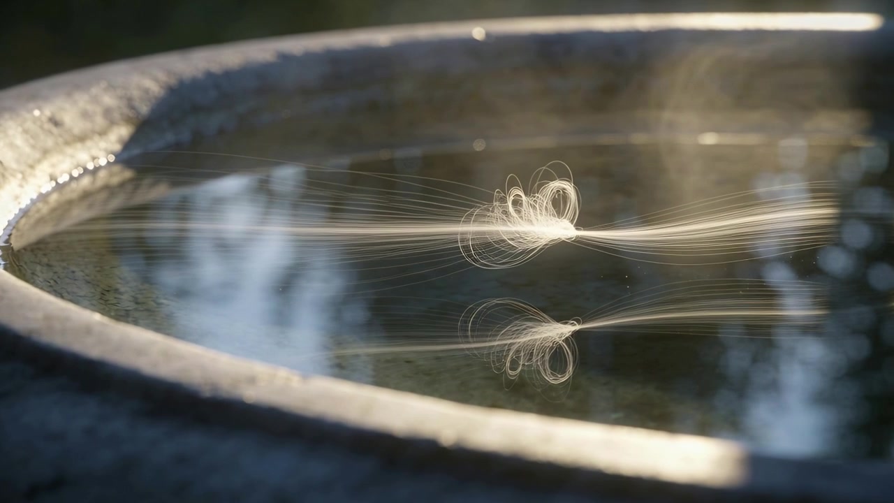 Drifting white filaments tightening into looping knot in garden basin, prompted by light breeze