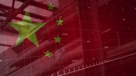 animation of financial data processing, flag of china over factory