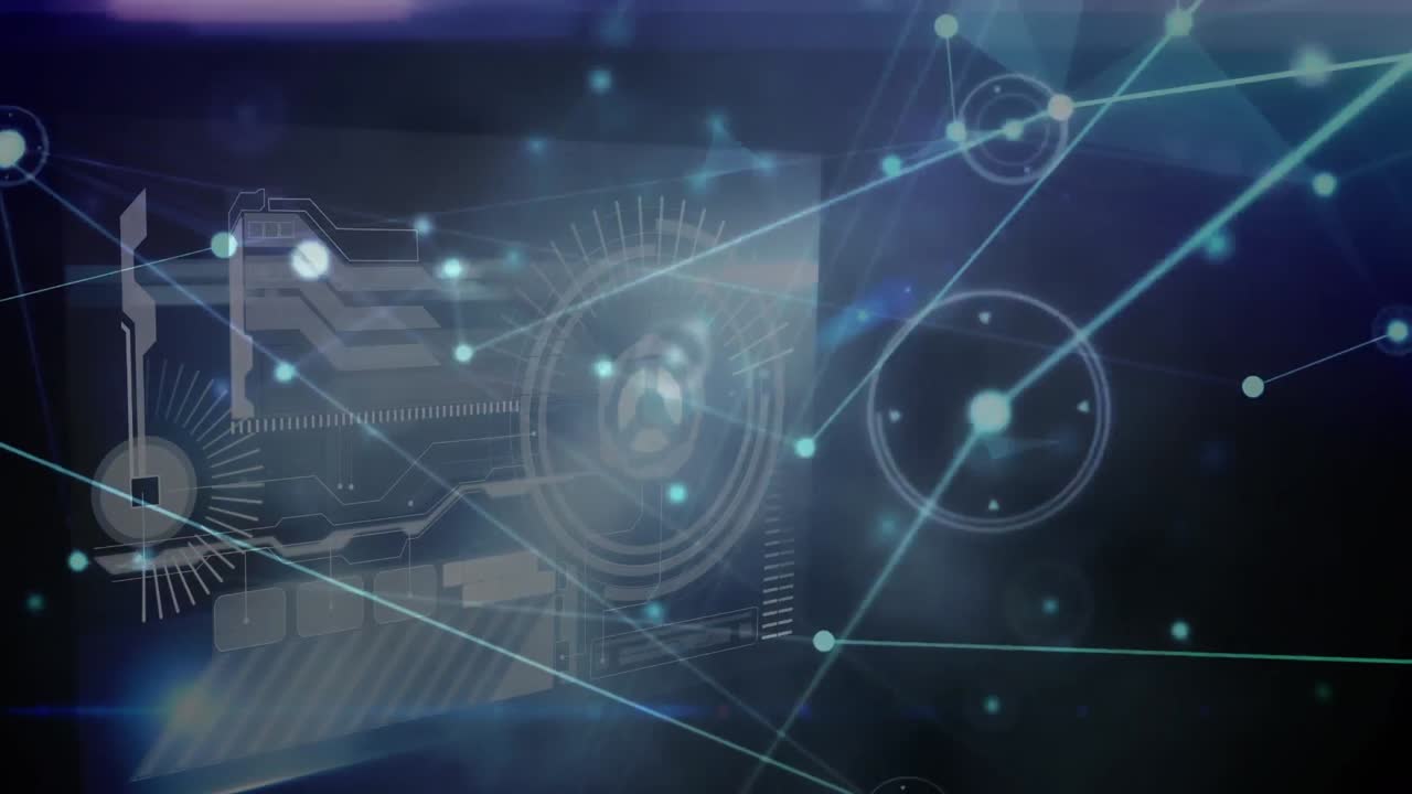 파란색 배경에서 데이터 처리를 하는 디지털 인터페이스를 통한 연결 네트워크