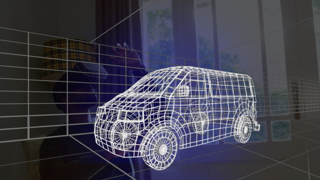 집에서 vr 헤드 ⁇ 을 착용한 밴의 3d 기술 도면의 애니메이션