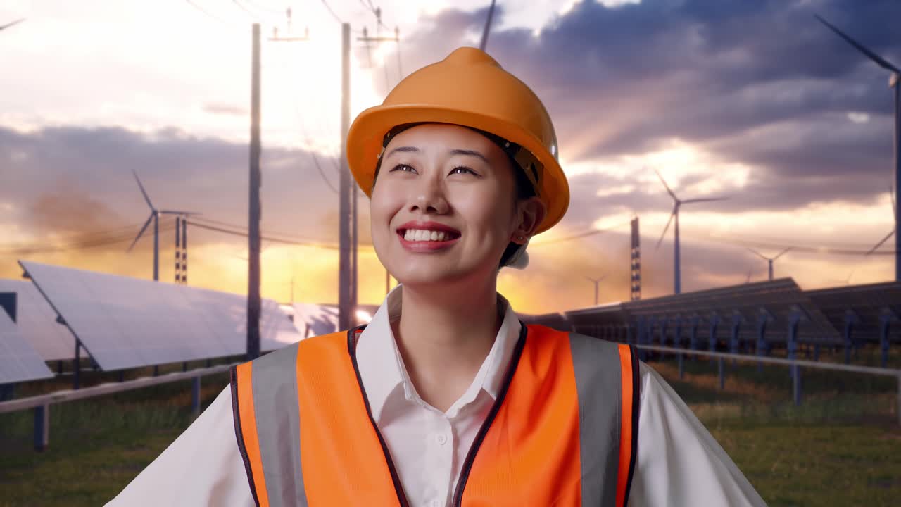 Close Up Of Asian Female Engineer Wearing Safety Helmet Looking Around While Standing With Arms Akimbo With Solar Panel and Wind Turbines