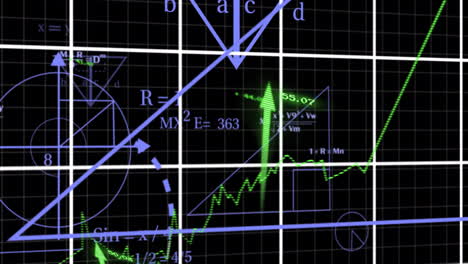 animación de ecuaciones matemáticas y gráficos sobre un fondo de cuadrícula negra