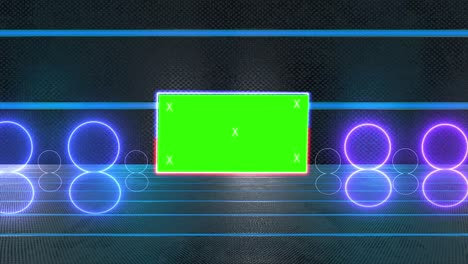 abstract creative tunnel and green screen alpha channel billboard mock up. neon, blue purple led bars and technology, sci fi, futuristic cyber punk 3d rendering with blank frame.