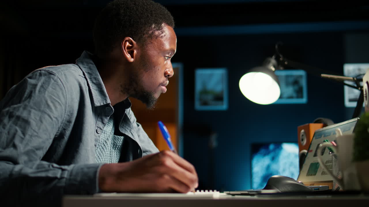 Remote worker in a cozy apartment organizing data and writing articles