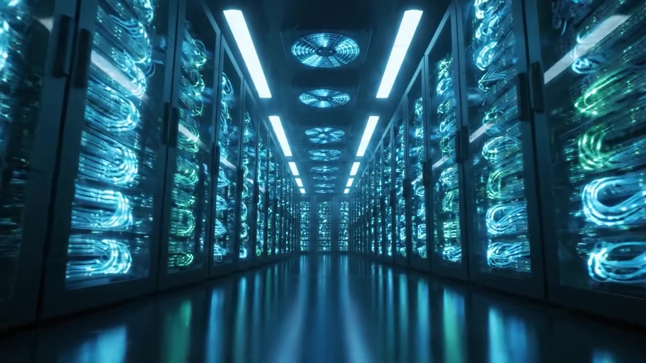 A Glimpse into the Heart of a High-Tech Data Center: Illuminated Server Racks and Advanced Cooling Systems Create a Futuristic Environment