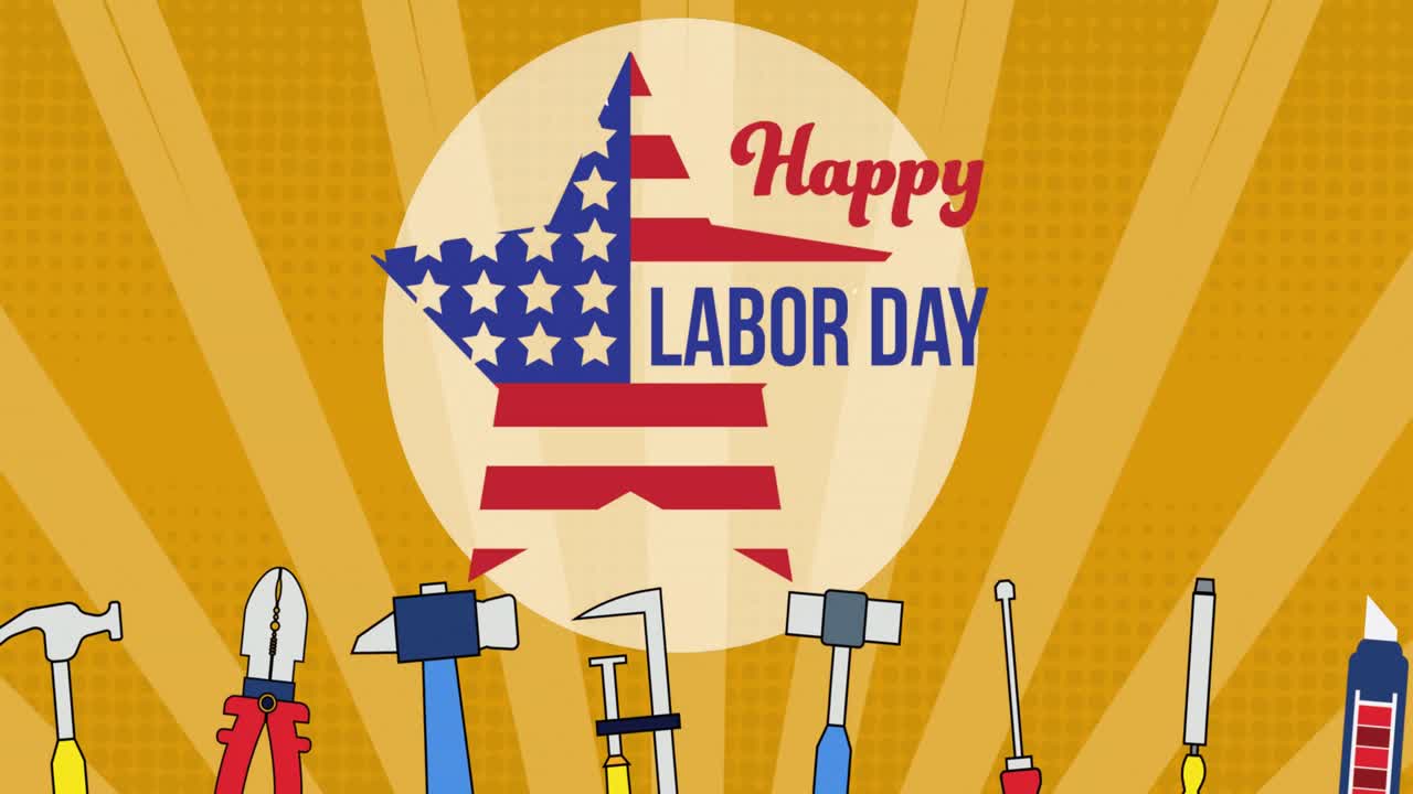 Animation of happy labor day text over tool icons