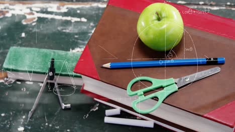 animación de fórmulas matemáticas sobre manzana, artículos escolares y libros.
