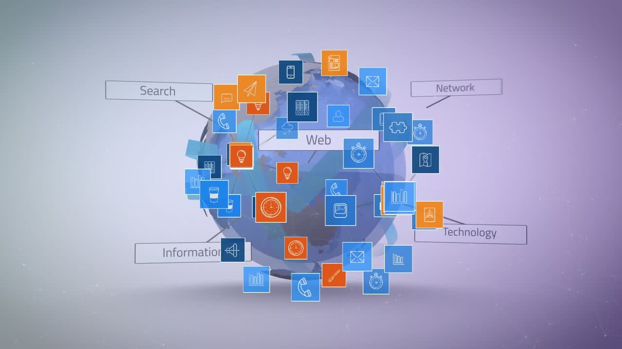 Animation of multiple texts and icons over globe against abstract background