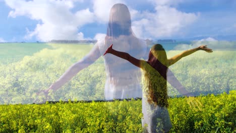 mujer de pie en un campo de flores 4k