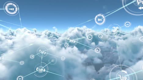 animación de redes de conexiones con iconos en el cielo
