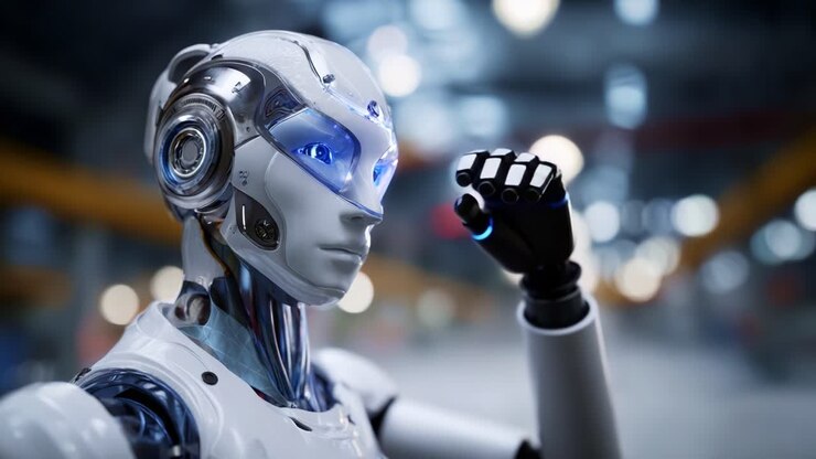 Intelligenza robotica: una visione futura della tecnologia IA che mostra un robot elegante e futuristico con funzionalità avanzate in un ambiente high-tech