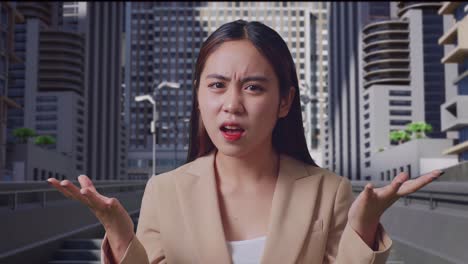 woman expressing frustration in a city setting
