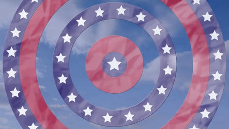 animation of circles spinning with american flag  stars and stripes over clouds on blue sky