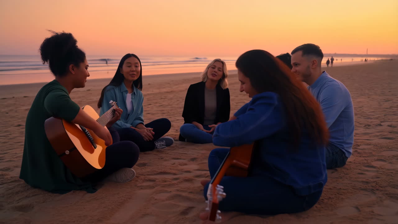 Friends playing guitar and singing together on a beach at sunset