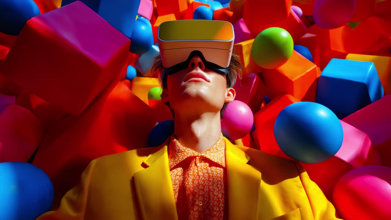 A vibrant and colorful scene featuring a person wearing virtual reality goggles, surrounded by an explosion of multicolored geometric shapes including spheres and cubes, embodying immersive digital experiences