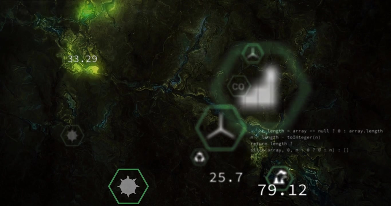 Hand icon enlarging, data hex cluster shifting right, pulsing and revealing metrics on dark map