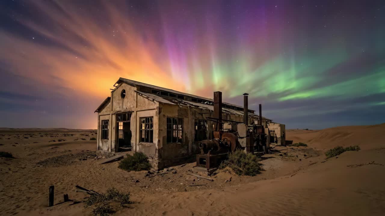 Edificio abbandonato sotto l'aurora boreale e scie stellari nel deserto