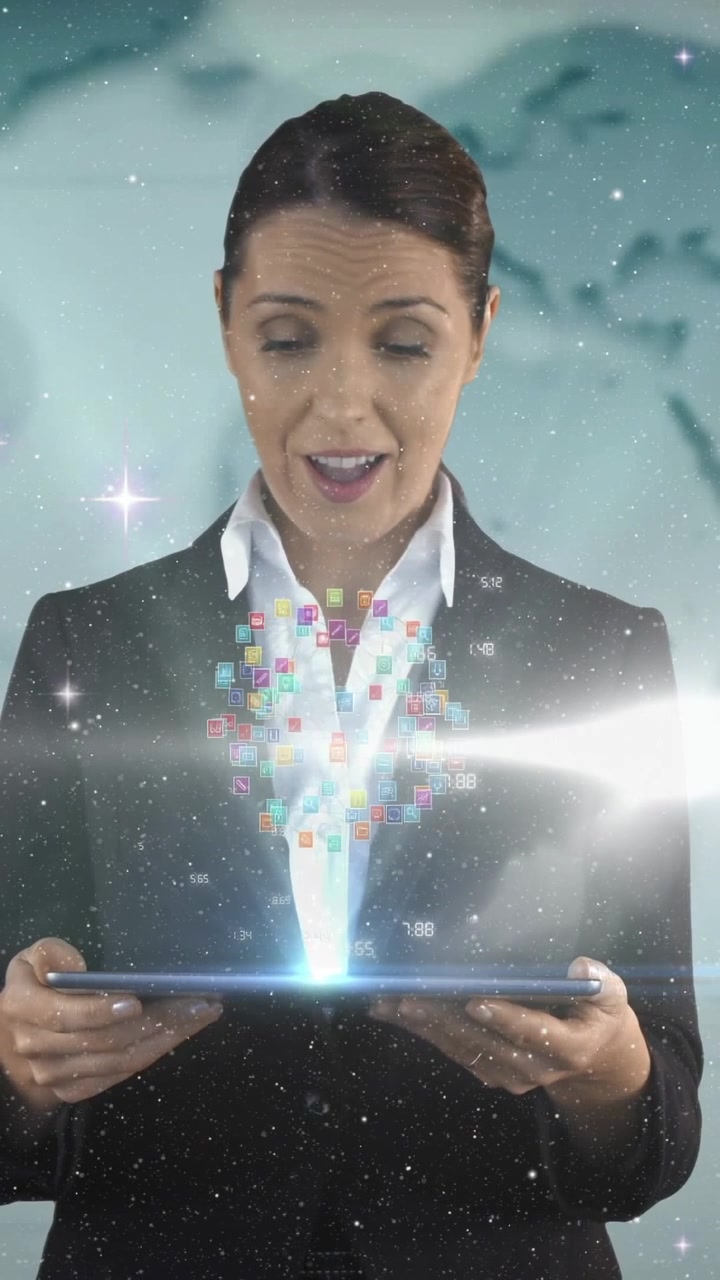 Una presentatrice tocca un tablet, proiettando icone e numeri olografici blu per mostrare le tendenze di business.
