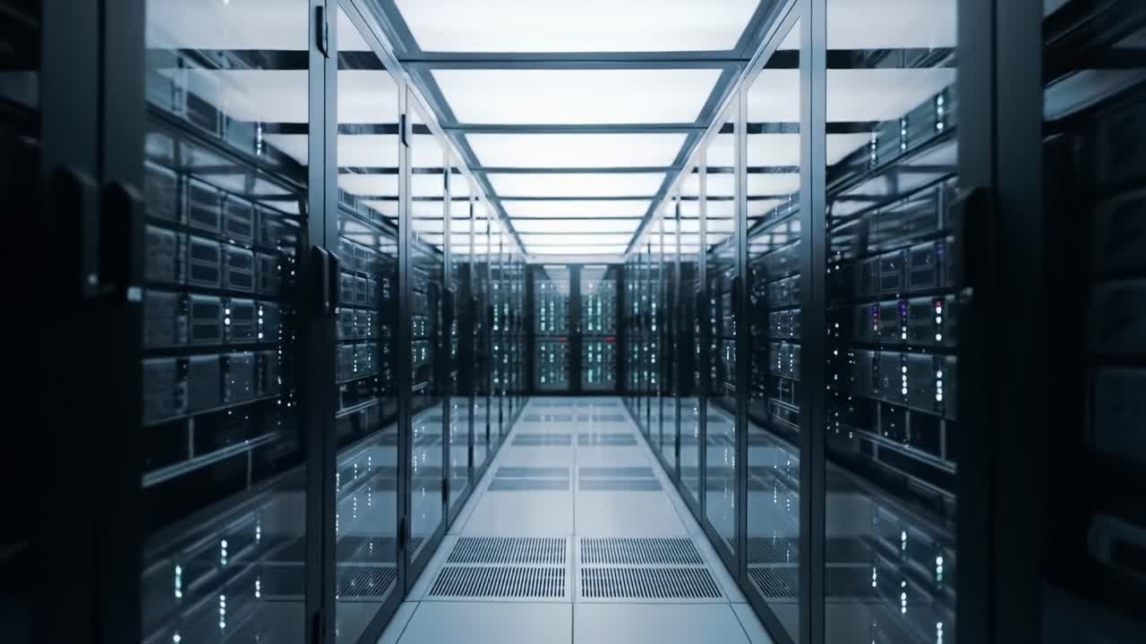 A High-Tech Server Room Showcasing a Corridor of Advanced Data Storage Solutions with Rows of Servers in a Futuristic Environment