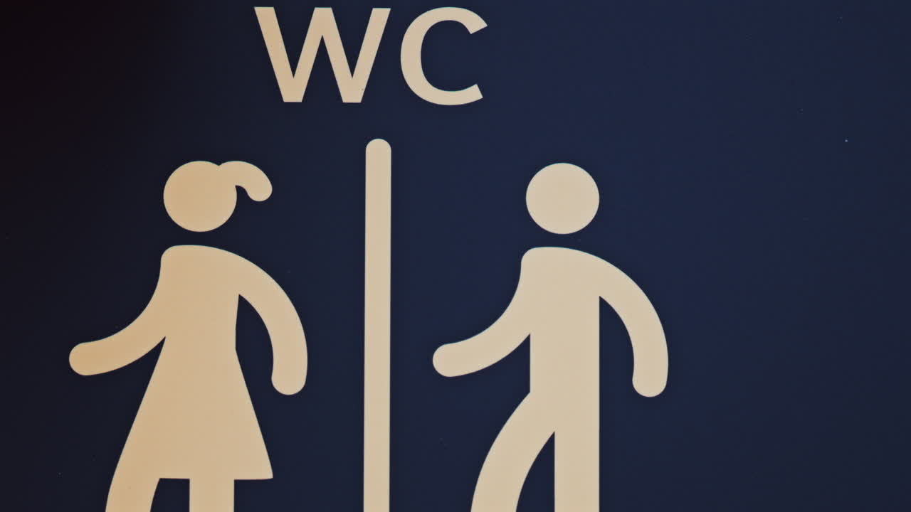 Close up of a man and a woman toilet sign on a blue door