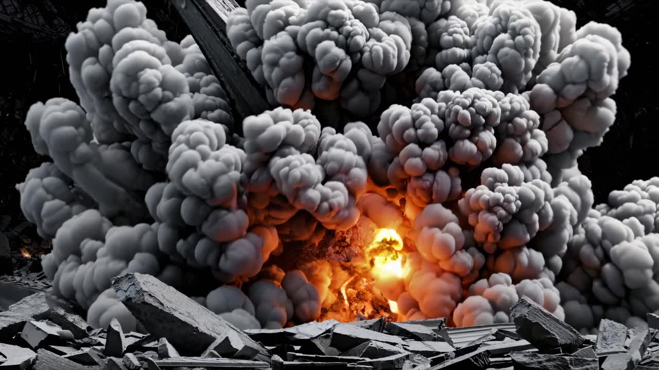 Dynamic explosion scene with debris flying, captured from a low-angle perspective
