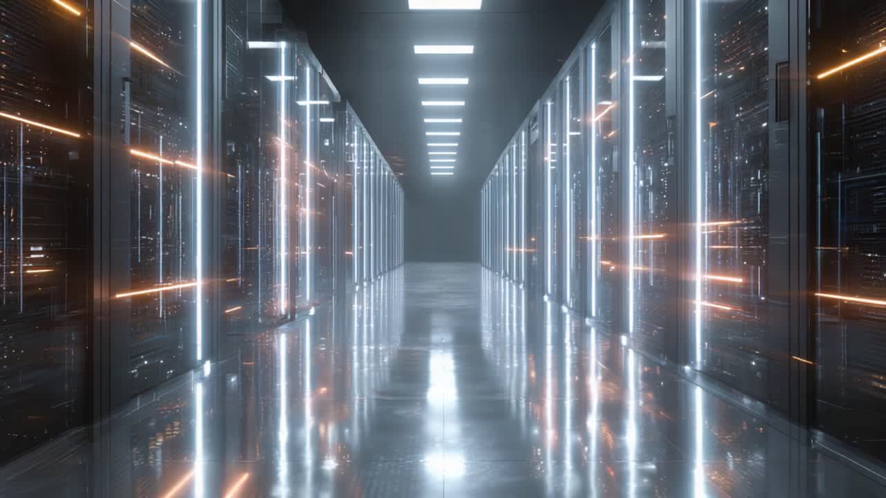 A Glimpse Inside a Futuristic Data Center: A Sleek Corridor Illuminated by Neon Lights and Surrounded by High-Tech Server Racks Reflecting Technology's Cutting Edge